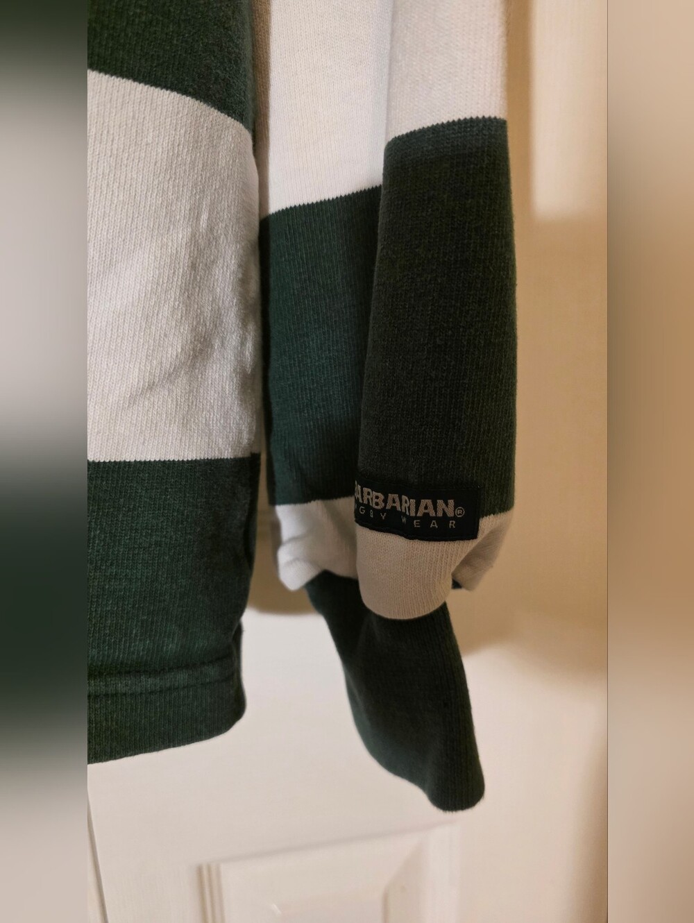 Unisex Barbarian Rugby Wear Classic Green and White Rugby Stripe Polo Oversized - Picture 9 of 12